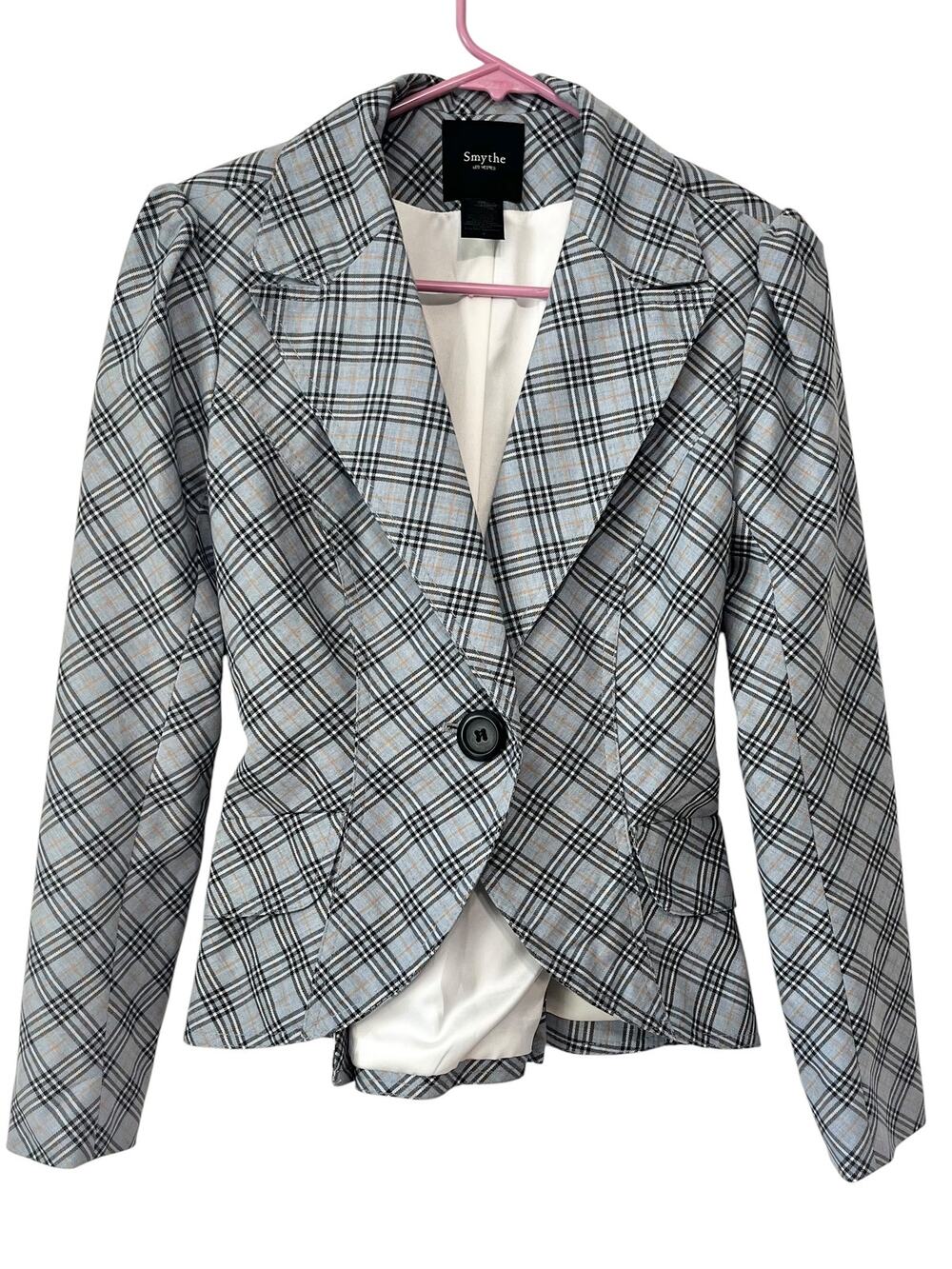 SMYTHE Duchess Plaid Blazer Blue Grey Leather Elbow Patches Size 4